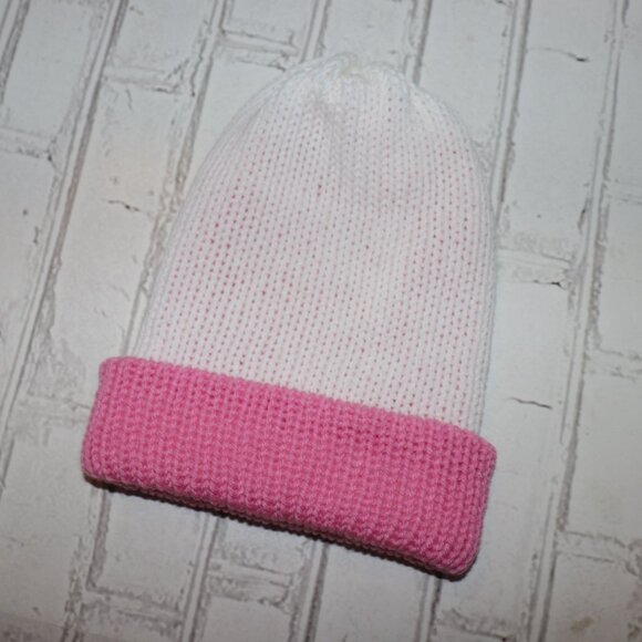 🎀💗 Handmade Knit Beanie · White + Pink · Adult Fit - Picture 2 of 3